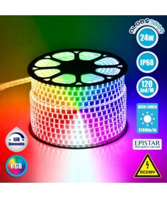 GLOBOSTAR® EPIWIDE 70517 Ταινία LED 24W-m 1560lm-m 120° DC 220-240V Αδιάβροχη IP65 120 x SMD5050 Chip-m Πολύχρωμο RGB Dimmable - Epistar SMD Chip - M100 x Π1.7 x Υ0.7cm - 3 Χρόνια Εγγύηση